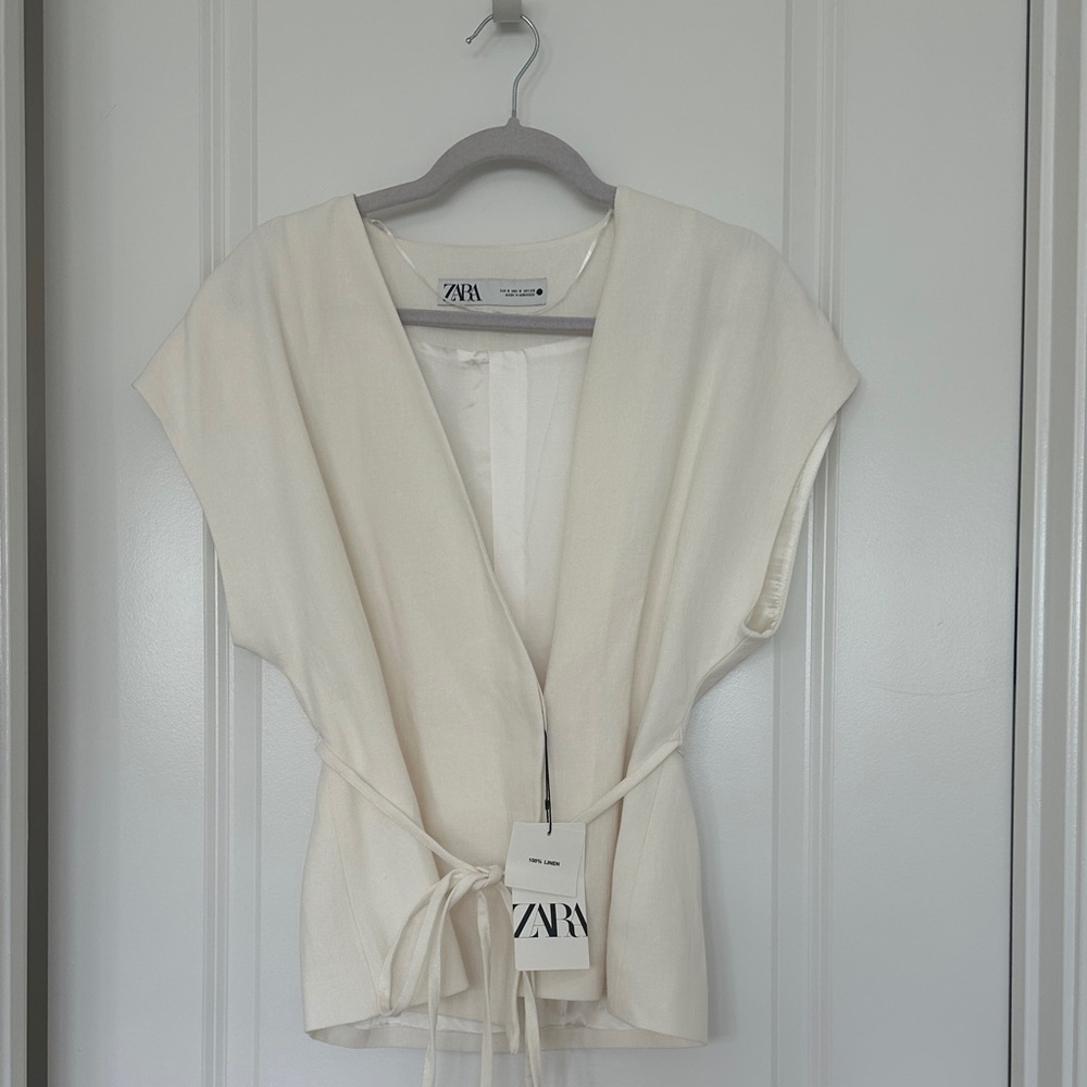 Zara Cream Wrap Linen Waistcoat Top Blouse S